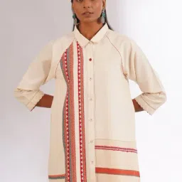 Jaypore Off White Embroidered Dongaria Loose Fit Shirt-picture-11