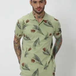 Mufti Light Olive Slim Fit Floral Print Cotton Polo T-Shirt-picture-26