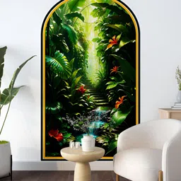 Myntra Elegant Homes Green & Red Printed Tropical Rainforest Waterfall Wall Sticker image 2