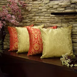 RoyalDeco Red & Gold-Toned 4 Pieces Embroidered Brocade Silk Square Cushion Covers-picture-37