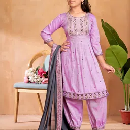 Muhuratam Girls Purple Cotton Blend Kurta Sets-picture-23