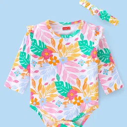 Babyhug 100% Cotton Knit Full Sleeves Onesie with Head Band Floral Print - Multicolour-picture-20