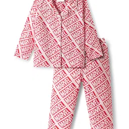 Babyhug Marvel Cotton Woven Full Sleeves Front Open Co-ords Night Suit With Avengers Print - Pink-picture-22