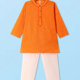 Babyhug Cotton Woven Cambric Dobby Full Sleeves Kurta Pyjama Set - Orange-picture-17