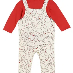 MINI KLUB Cotton Snacks Printed Dungaree With Full Sleeves Solid Tee - Marshmallow & Red-picture-13