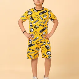 Ninos Dreams Cotton Jersey Knit Half Sleeves Skateboard & Mic Printed Coordinating Night Suit Set - Yellow-picture-20