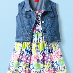 Babyhug Cotton Knit Sleeveless Printed Frock With Shrug - White & Blue-picture-21