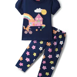 Babyhug Cotton Knit Half Sleeves Night Suit With Fox & Floral Print - Navy Blue-picture-12