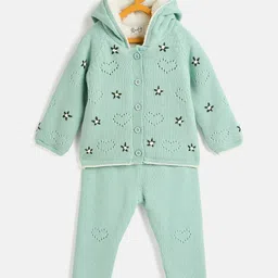 JWAAQ Cotton Knit Full Sleeves Floral & Hearts Designed Hooded Sweater With Pant Set - Green-picture-28