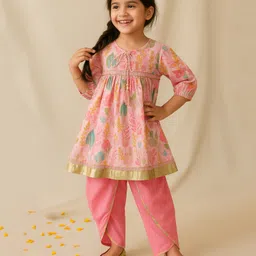 Tales & Stories Woven Three Fourth Sleeves Floral Printed Kurti & Dhoti Set - Pink-picture-17