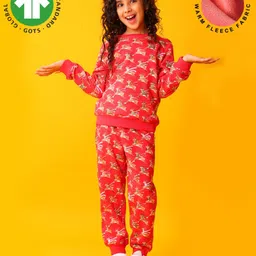 Anthrilo Fleece Knit Full Sleeves Reindeer Printed Winter Sweatshirt & Coordinating Joggers Set - Red-picture-23