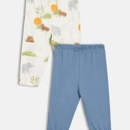 MINI KLUB Cotton Knit Pack Of 2 Solid & Jungle Theme Printed Pajamas - White & Blue image 3