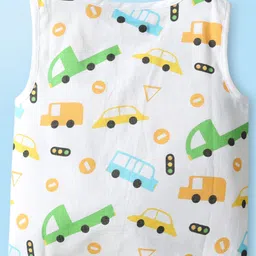 Babyhug 100% Cotton Cambric Woven Sleeveless Front Open Jhablas With Stripes & Vehicle Print Pack of 3 - Orange White & Yellow image 3