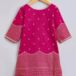 The Magic Wand Woven Sleeveless Floral Foil Printed & Gota Lace Embellished Kurti & Sharara With Dupatta Set - Fuchsia image 4
