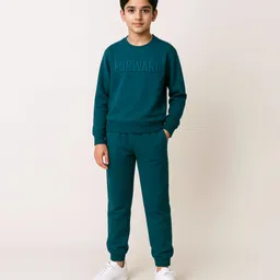 Bubble Berry Knit Full Sleeves Forward Text Puff Printed Oversized Winter Sweatshirt & Joggers Set - Teal Blue image 4