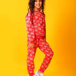 Anthrilo Fleece Knit Full Sleeves Reindeer Printed Winter Sweatshirt & Coordinating Joggers Set - Red image 4
