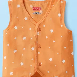 Babyhug 100% Cotton Cambric Woven Sleeveless Front Open Jhablas With Stripes & Vehicle Print Pack of 3 - Orange White & Yellow image 4