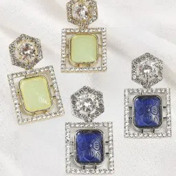Oomph Mint Green Blue Jaipur Stone American Diamond Indo Western Dangler Earrings - Set of 2-image-32
