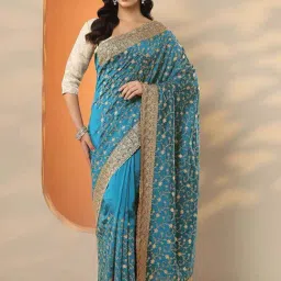 Libas Blue Embroidered Saree With Unstitched Blouse-picture-24