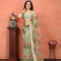 HERE&NOW Floral Embroidered Net Designer Saree-image-38