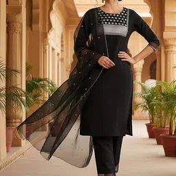 KALINI Floral Yoke Design Thread Work Straight Kurta With Trousers & Dupatta-picture-10