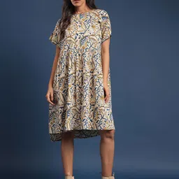 Taavi Bagru Printed Pure Cotton Round Neck Dress-picture-36
