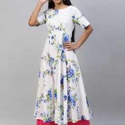 Poshak Hub White & Blue Cotton Printed Fit and Flare Kurta-picture-18