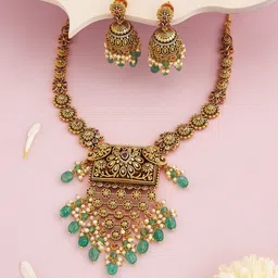 Kushal's Fashion Jewellery Gold-Plated Ruby Stone Studded & Beaded Antique Jewellery Set-picture-29