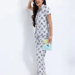 Zelocity By Zivame White Cotton Relaxed Fit Printed Night Suit image 4