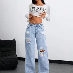 Kotty Women Straight Fit High-Rise Highly Distressed Stretchable Jeans image 2