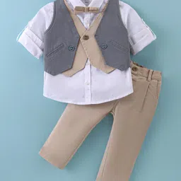 ToffyHouse 100% Cotton Woven Full Sleeves Solid Colour 3 Piece Party Suit - Tan White & Grey-picture-13