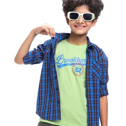 Pine Kids Cotton Woven Full Sleeves Checks Shirt With Text Printed T-Shirt - Navy Blue & Red-picture-13