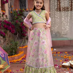 Pspeaches Cotton Sleeveless Floral Motifs Printed & Gota Lace Embellished Lehenga Choli With Dupatta Set - Olive Green & Pink-picture-18