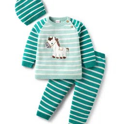 Babyhug Knitted Full Raglan Sleeves Pullover Sweater Set With Cap & Horse Patch Detailing - Green-image-57