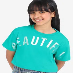 Bonkids Cotton Knit Half Sleeves Beautiful Text Foil Printed Crop Tee - Green-picture-11
