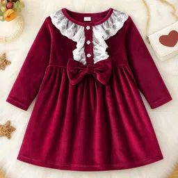 Mark & Mia Woven Full Sleeves Frock With Bow Applique & Frill Detailing - Maroon-picture-12