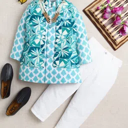 Ahhaaaa Viscose Woven Full Sleeves Abstract Motifs Printed Kurta Pant With Nehru Jacket & Mala Set - Blue-picture-21