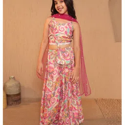 AJ Dezines Cotton Blend Woven Sleeveless Paisley Printed Lehenga Choli With Dupatta & Sling Bag Set - Pink-image-29