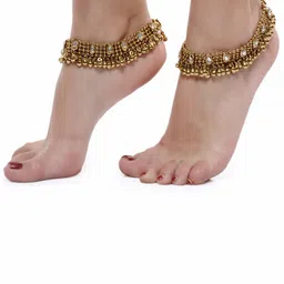 Shining Diva Set Of 2 Gold-Plated White Kundan-Studded Anklets image 1