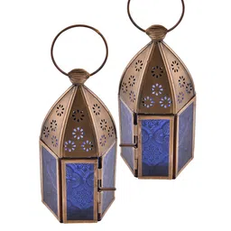 Homesake Set Of 2 Blue Antique Brass Moroccan Lantern Candle Holder image 3