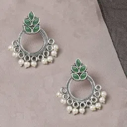 Oomph Oxidized Silver Ethnic Small Green Stone & Pearls Floral Design Drop Earrings-image-87