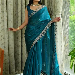 Anouk Teal Tissue Solid Sarees image 2