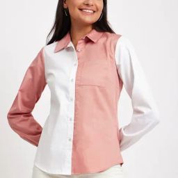 Fablestreet Dusty Pink & White Cotton Color-Block Shirt-picture-47