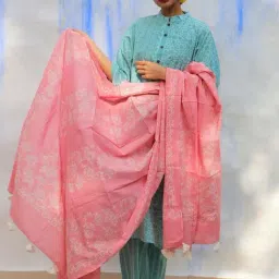 Chidiyaa Pink Handprinted Pure Cotton Dupatta SKD-picture-48
