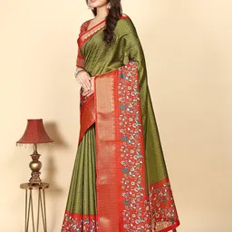SSHAGUN LIFESTYLE Green & Orange Checkered Bollywood Cotton Blend Saree image 4