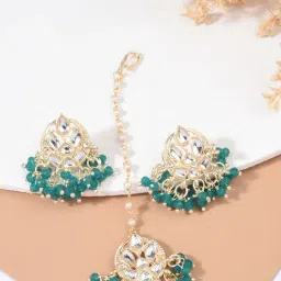 Fida Ethnic Indian Traditional Green Kundan Maang Tikka And Earring Jewellery Set for Women-picture-13