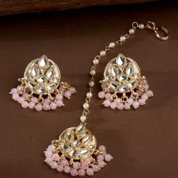 Fida Pink Beads Kundan Crescent Maangtikka & Earring Set for Women-image-23