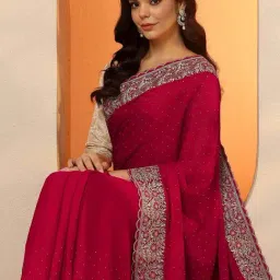 Libas Red Embellished Saree With Unstitched Blouse image 4