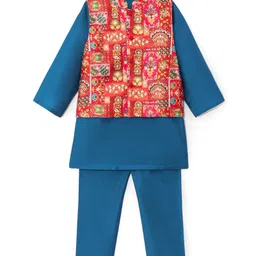 Babyhug Woven Full Sleeves Solid Kurta Pyjama Set with Foil Printed Jacket - Blue-picture-22