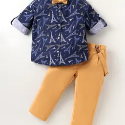 ToffyHouse Cotton Knit Full Sleeves Printed Shirt & Trouser Set With Bow & Suspender - Navy Blue & Gold-picture-19